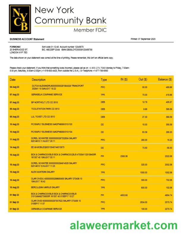 New York Community Bancorp enterprise account statement Word and PDF template